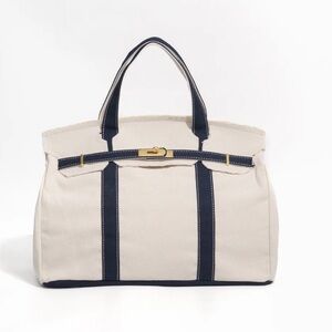 Viral Boatkin Canvas Tote Bag with Navy Accents and Gold Hardware